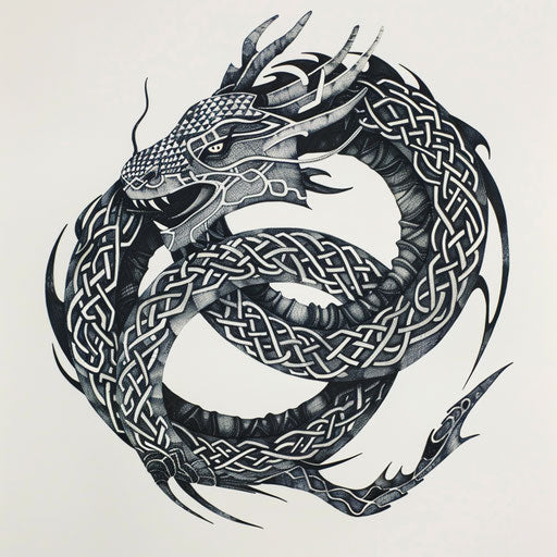 Elaborate Celtic knotwork dragon in black and gray