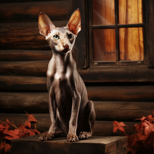 Oriental shorthair cat in front of a log cabin