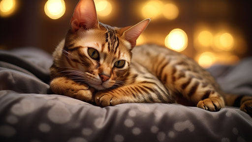 Bengal cat sleeping on a bed, in light maroon and light gold style