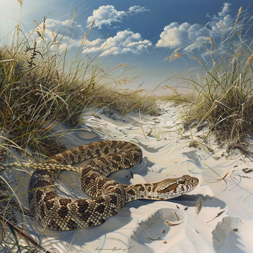 A rattlesnake crossing a natural sand path between dunes with swaying wild grasses