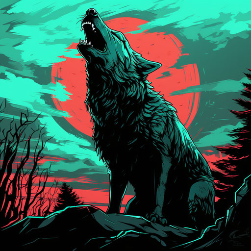 Wolf howling at the moon, vibrant illustration