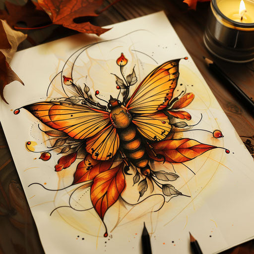 Seasonal tattoo sketch of a firefly with autumn leaves and warm orange tones in a clipart style