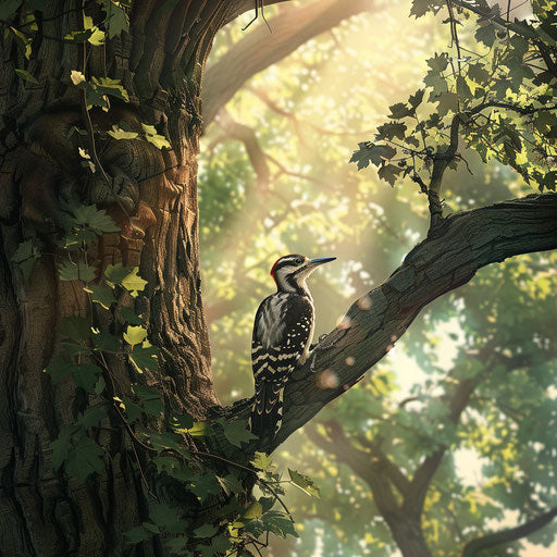 Woodpecker on ancient oak tree in sunlight