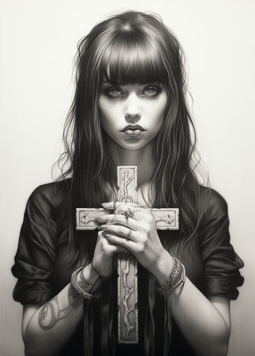 Black and white drawing of a small image of a woman holding a cross