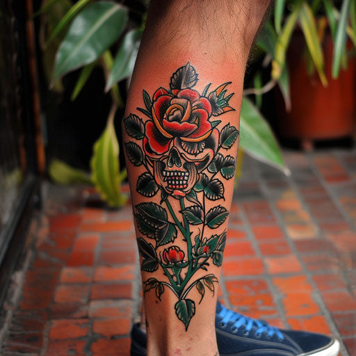 Men's rose tattoos in the style of Ami James featuring a traditional rose and skull
