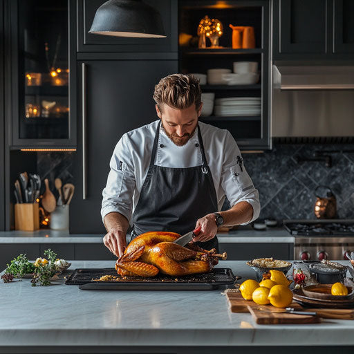 A chef carves a turkey in a modern kitchen