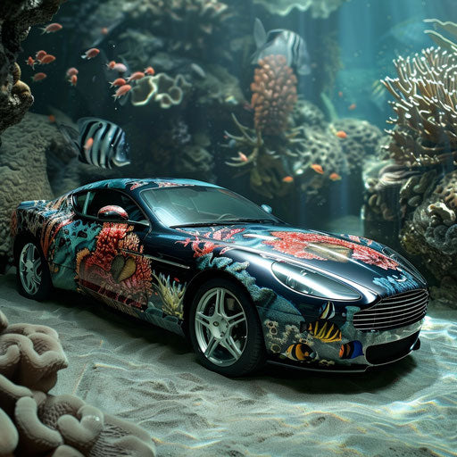 Underwater Aston Martin DB7 Zagato with coral and fish decals near a reef