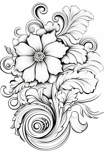 Black and white floral coloring pages, elegant abstraction style