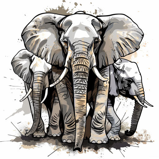 Family of elephants holding trunks, flat tattoo sketch