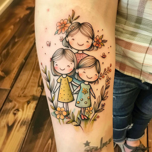 Flat tattoo sketch of three children for moms