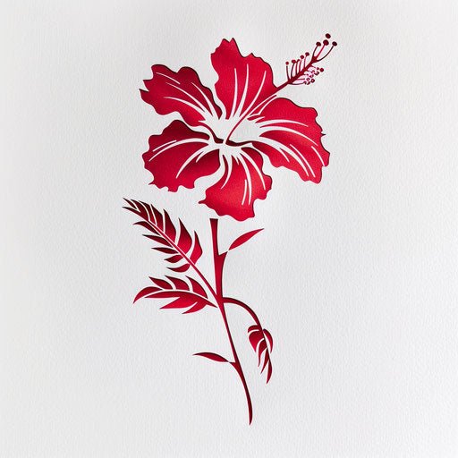 Minimalist hibiscus tattoo in bold red on white background