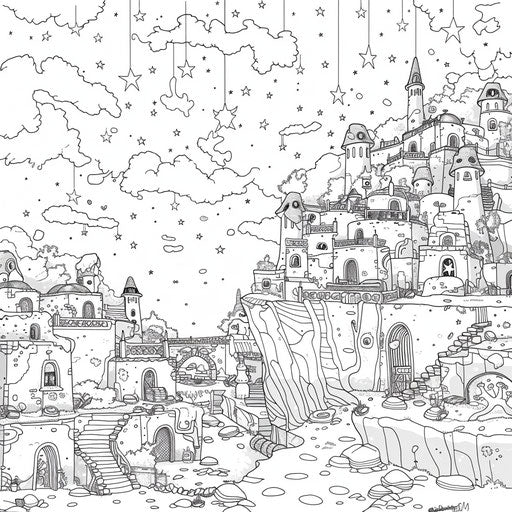 Dreamy landscape with floating stars and magical elements