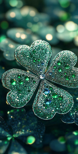 Shamrock with diamonds on glittery background, phone wallpaper, green and silver, hyper-realistic 59:117