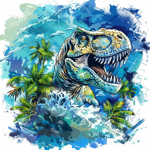 Exotic flat tattoo sketch of a T. rex in a tropical storm