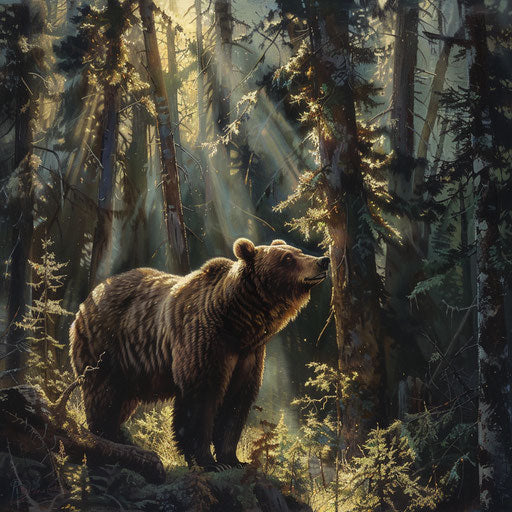 Brown bear standing in a sunbeam in forest