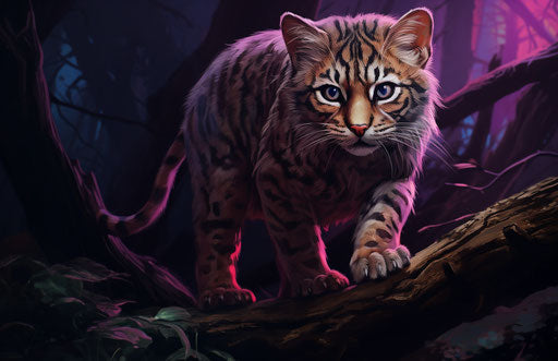 The tiger cat walking on a log in the jungle