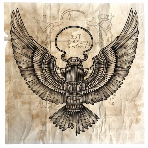 Ancient Egyptian style wings tattoo artwork, with hieroglyphic details