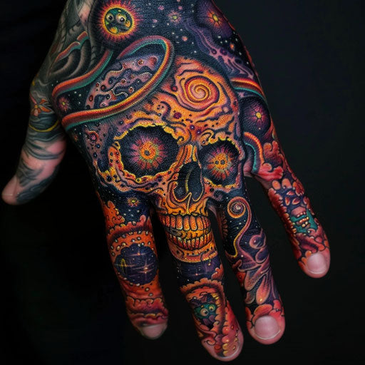 Skull and hand tattoo in the style of Guy Aitchison with vibrant cosmic patterns