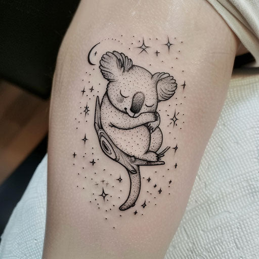 Gentle flat tattoo sketch of a koala sleeping on a calm starry night