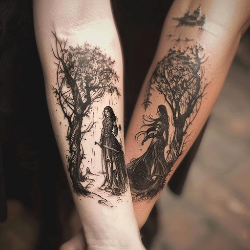Epic sister tattoos depicting a mythological journey