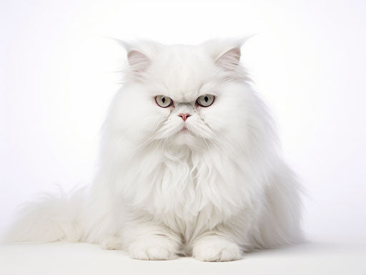 White cat sitting on white background, exaggerated face style, avocadopunk 4:3