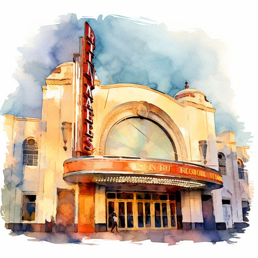 Movie theater silhouette in Impressionistic Art on white