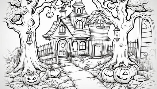 Halloween coloring pages and crafts in the style of mesmerizing colorscapes, joyful celebration of nature, haunting houses, pencil sketches