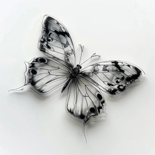 3D butterfly tattoo with transparent wings and intricate details