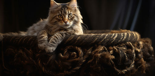 Fluffy cat on scratching post, dark gold and light brown style