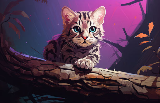 The tiger cat walking on a log in the jungle