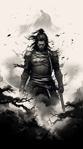 Samurai tattoo in black and gray, stark realism