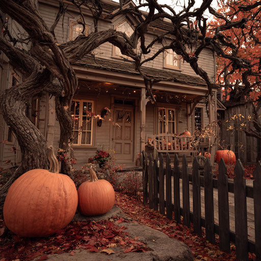Halloween Scene with Autumn Leaves and Twisted Branches
