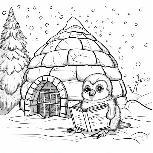 A cute penguin reading a book by a cozy igloo