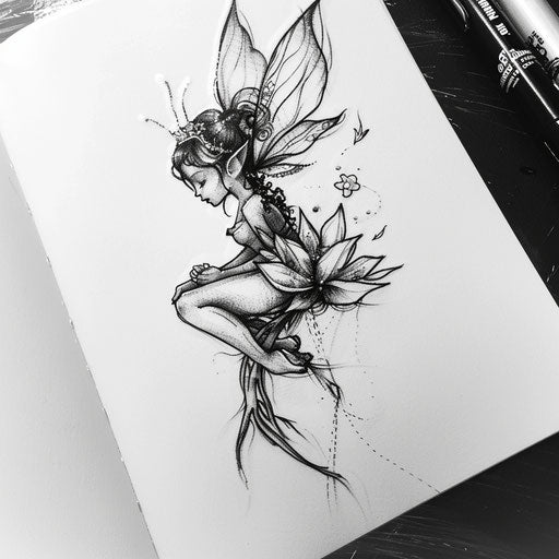 Sketch of a whimsical fairy sitting on a flower for wrist coverup tattoo for women