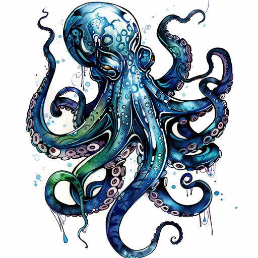 Octopus sailor tattoo design in realistic blues and greens
