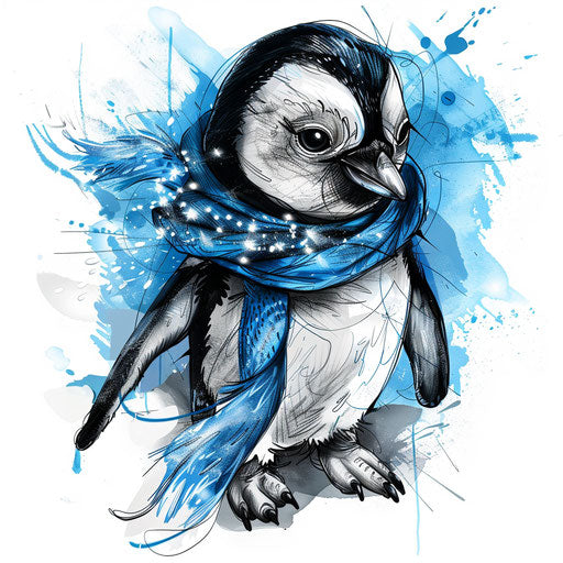 Cheerful shimmering tattoo sketch of a penguin with a sparkling blue scarf