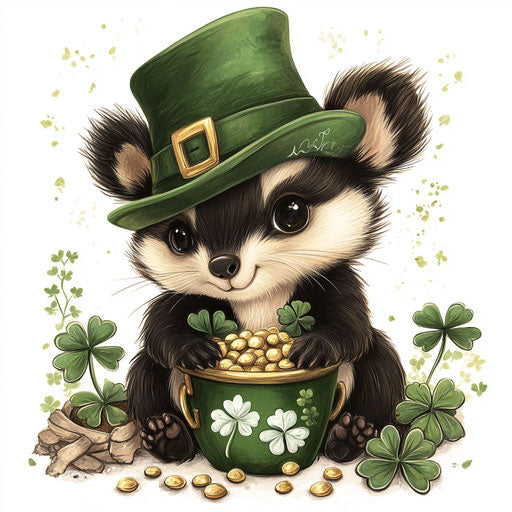 St. Patrick's Day baby skunk in green hat and pot of gold