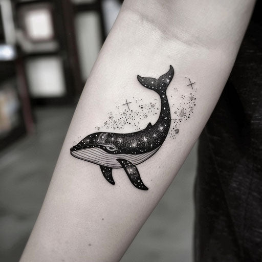 Whale silhouette filled with cosmic star patterns
