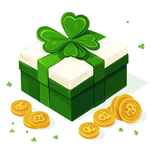 Gift box, gold coins, clear vector design - St. Patrick's Day