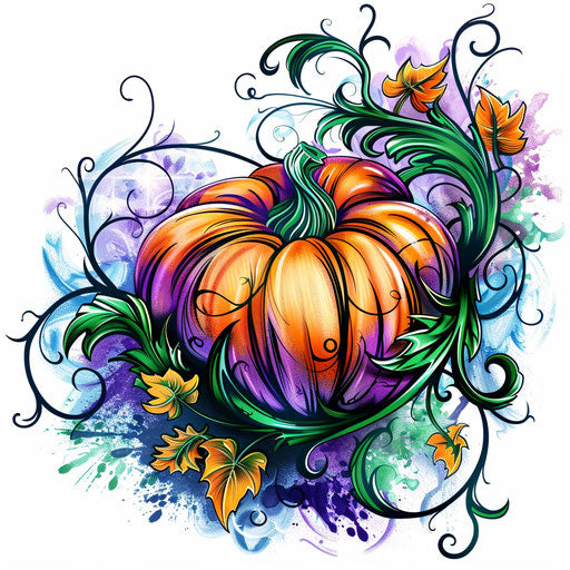 Vibrant and colorful tattoo sketch of a pumpkin with swirling vines