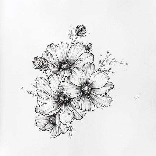 Realistic tattoo sketch of dew-covered cosmos flowers in soft morning light