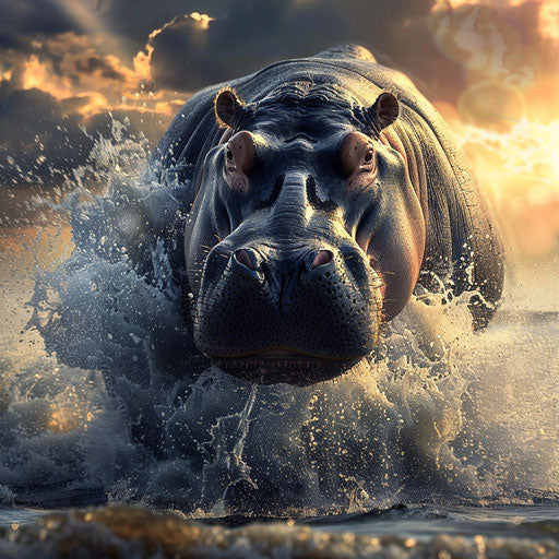 Hippo charging through water to protect territory