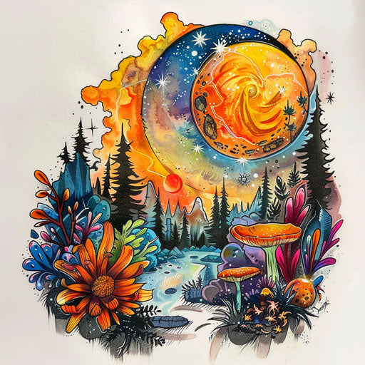 Vibrant tattoo sketch of an exoplanet with colorful alien flora and fauna