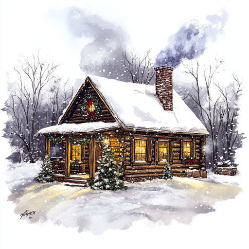 Cozy winter cabin with snow and wreath