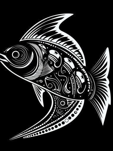 Black and white tribal fish motif, fluid gesture style