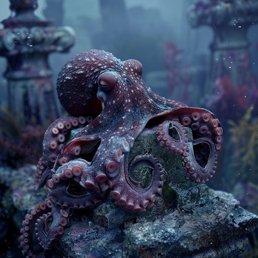 A peaceful moment with an octopus resting on a sunken statue
