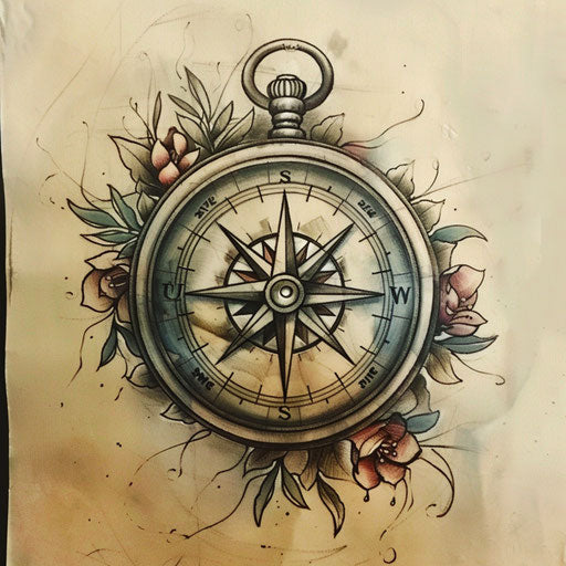 Vintage tattoo sketch of a silver compass with retro feel