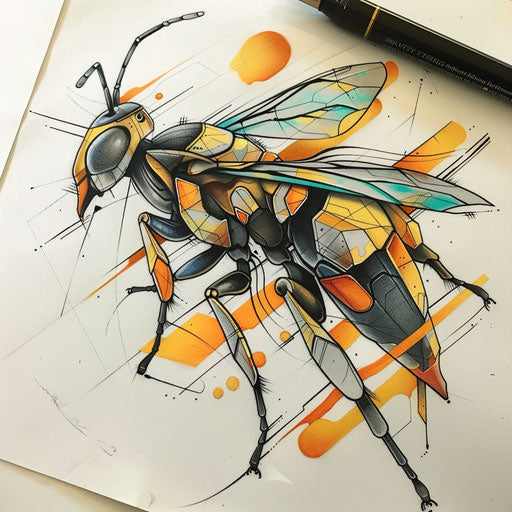 Futuristic tattoo sketch of a wasp with metallic colors