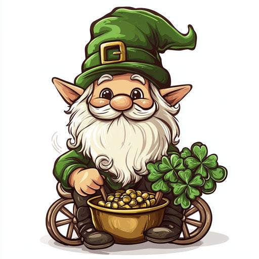 St. Patrick's Day, a cute gnome with pot of gold and shamrock bouquet