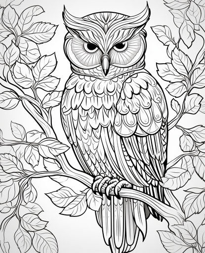 Adult coloring page with owl, sophisticated, realistic ornamentation
